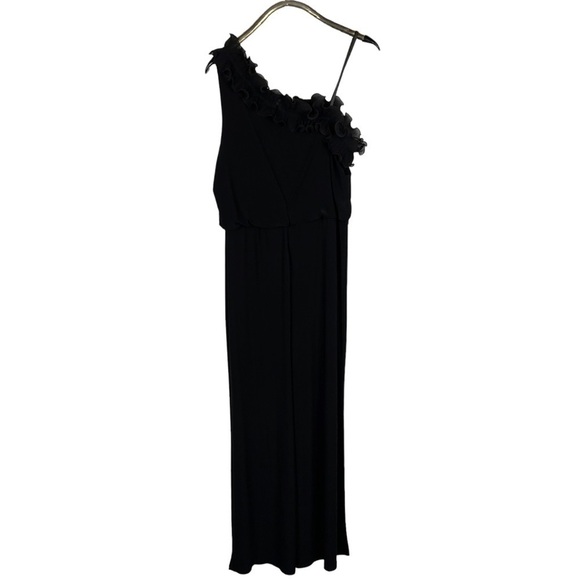 ADRIANNA PAPELL RUFFLE ONE SHOULDER BLOUSON WIDE LEG BLACK JERSEY JUMPSUIT - Picture 4 of 16
